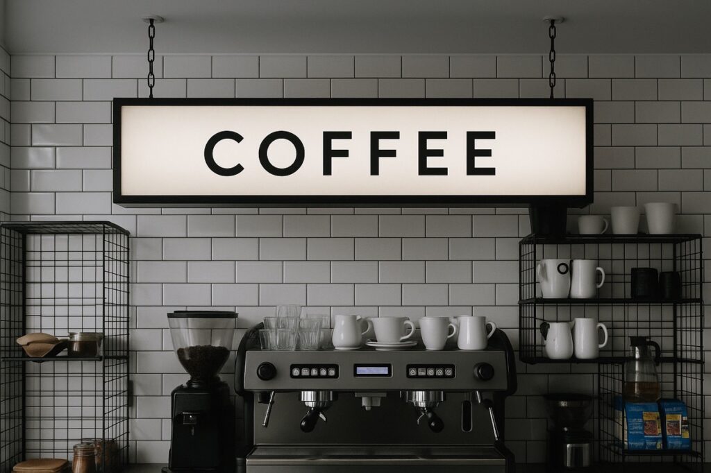 a ceiling sign that says coffee