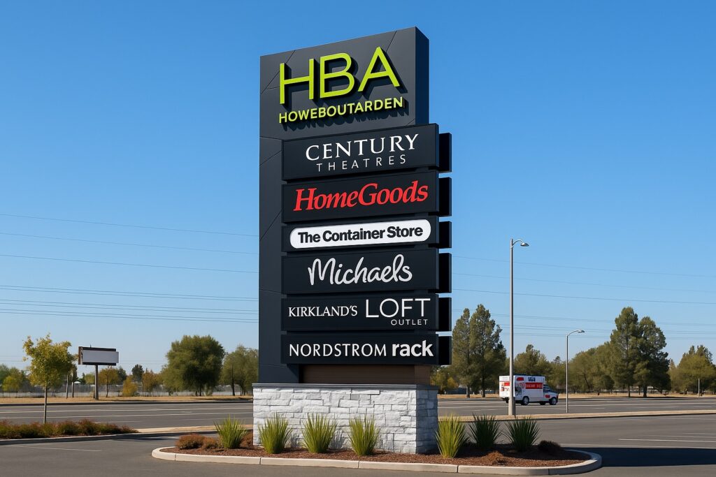 pylon sign with mutiple tenants visible, homegoods, michaels, loft outlet